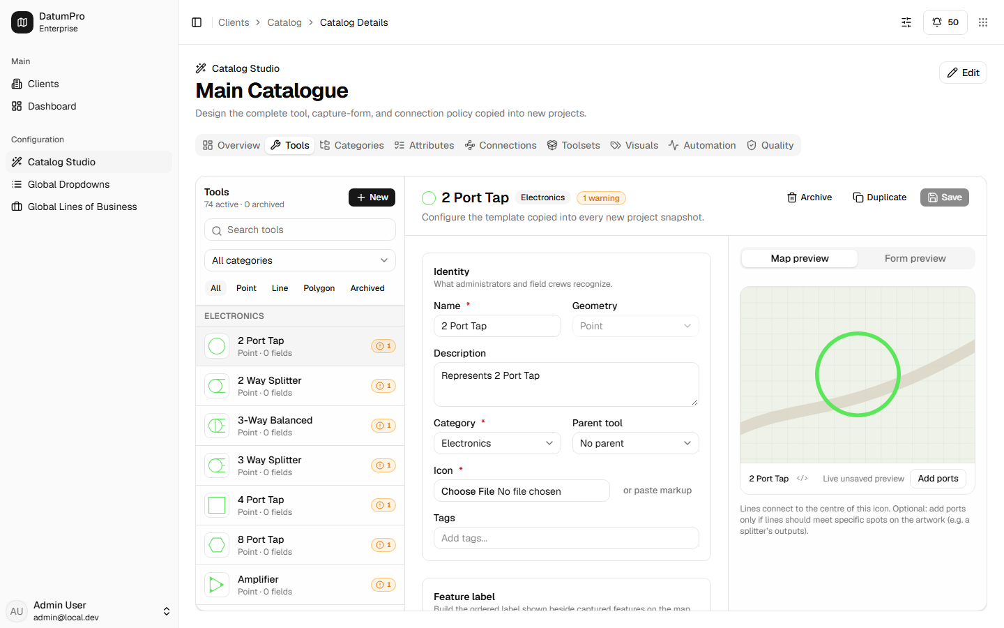 Catalog Studio with the tools tab open, listing the tools, categories and attributes of a catalogue.