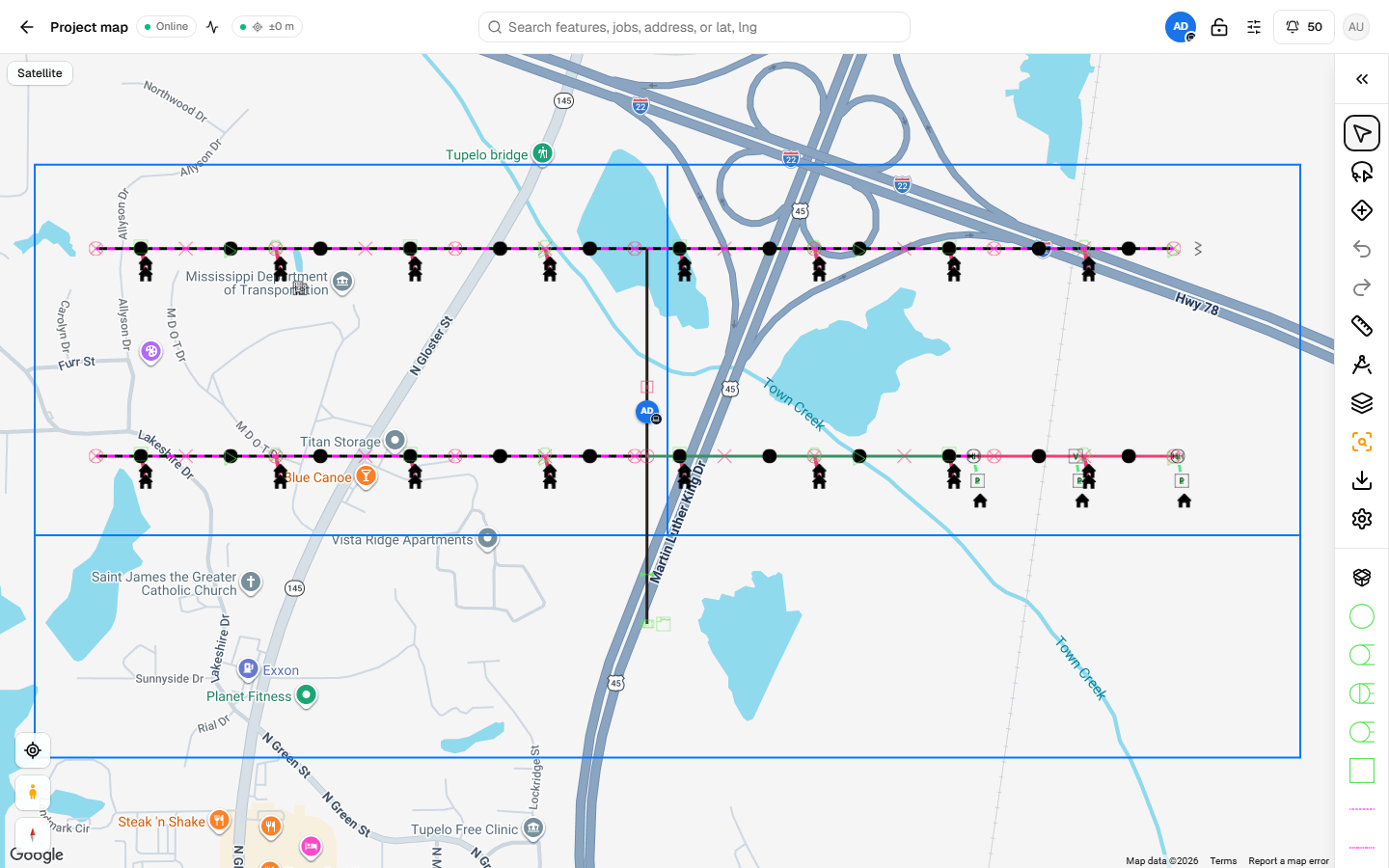 The DatumPro map workspace showing a fiber route with handholes, pedestals and drops across a project area.